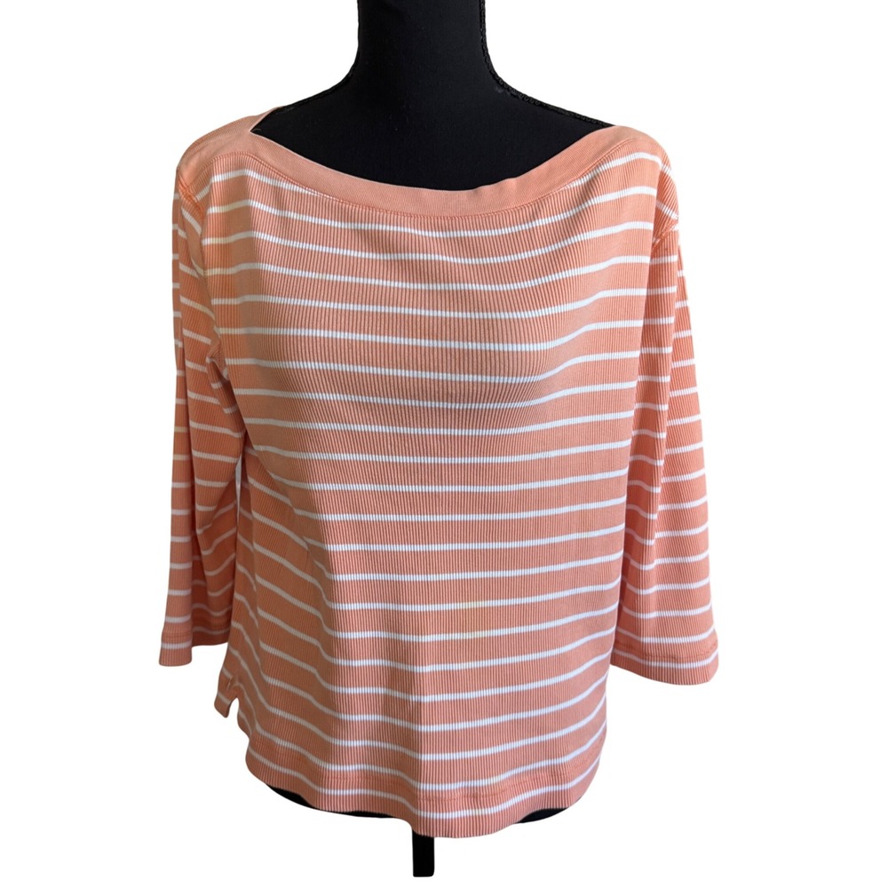 Lauren Ralph Lauren Womens Orange Striped Ribbed Cotton Top Large Preppy Travel